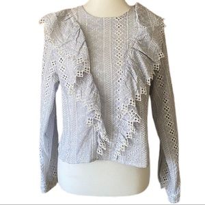 H&M Long Sleeve Ruffle Blouse Blue/White Sz 12